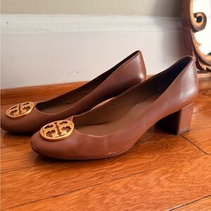 Tory Burch Brown Leather Heels with Gold Emblem